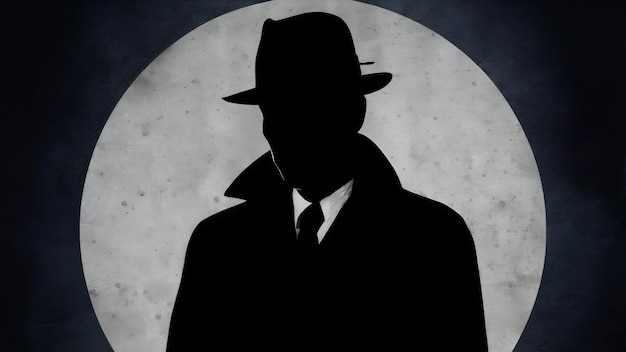 A dark silhouette of a man in a coat and hat in the noir style a dramatic portrait in the style of