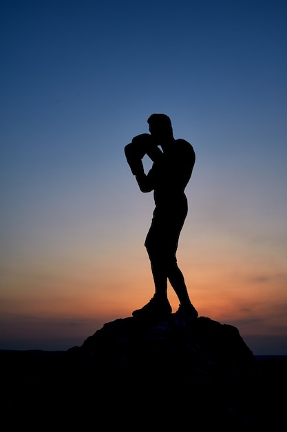 Dark silhouette of a muscular male boxer on the rock