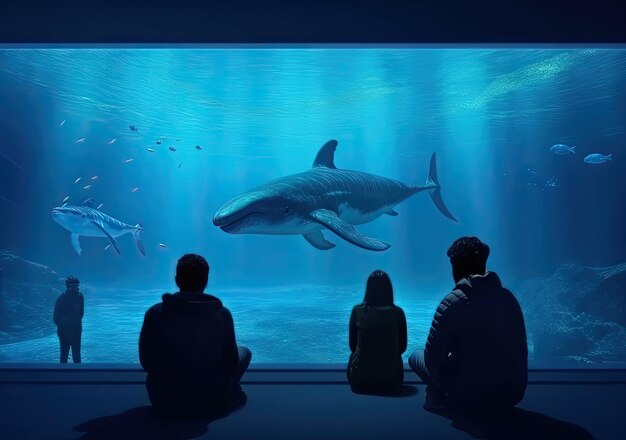 Фото Темный силуэт людей перед большим аквариумом, полным рыб
