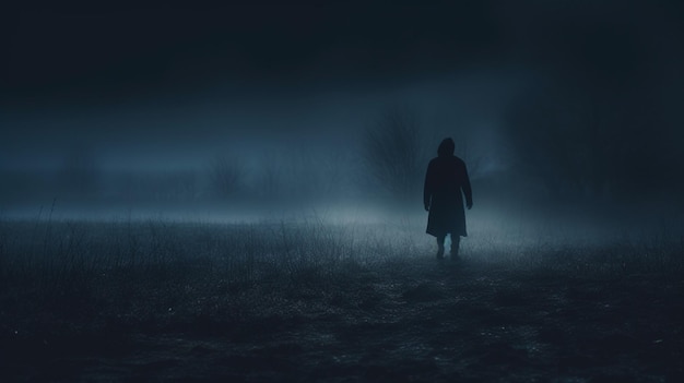 霧の中に立つ暗いシルエットが屋外を一人で歩く
