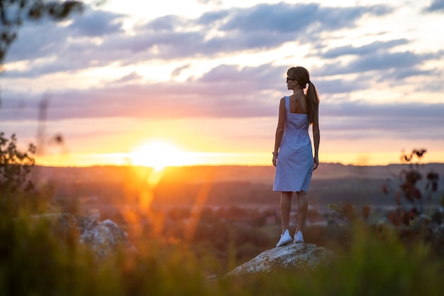 夏の屋外の夕日の景色を楽しむ石の上に立っている若い女性の暗いシルエット。