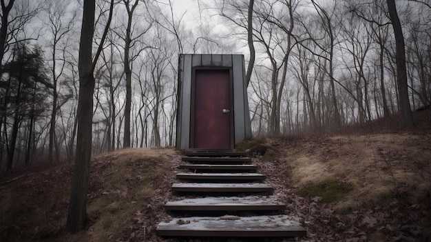 Темно-серебристая и бордовая дверь на краю леса