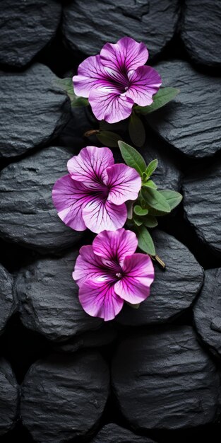 Dark Silver And Purple Petunia On Black Stone Wall Background