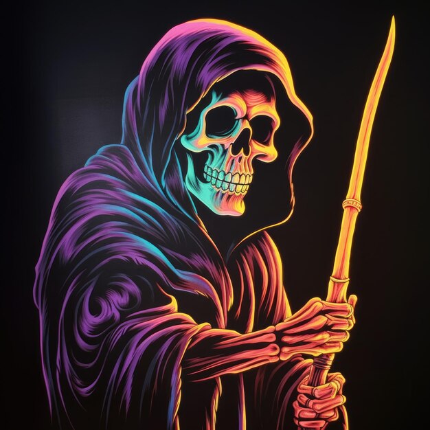 Dark Skies Unleashed Immersive '70s Retro Faded Airbrush Art of the Grim Reaper Embracing the Night