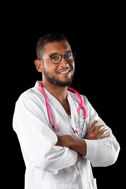 Dark skin doctor with pink stethoscope 