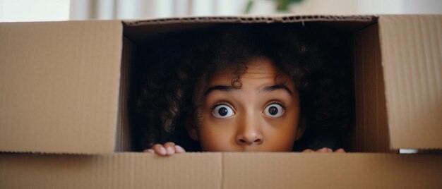 Photo dark skinned child girl playing in cardboard box in room hiding in a box while playing hide and seek