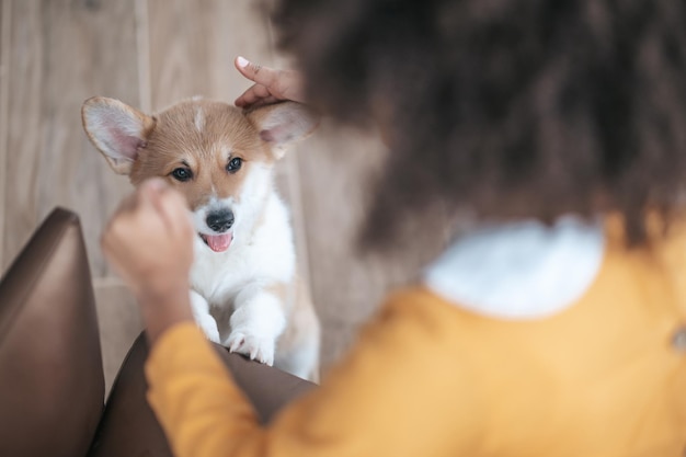 Dark-skinned girl playing with a cute dog