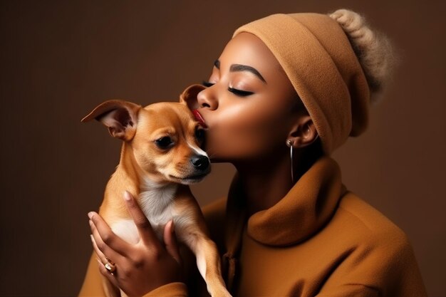 Dark skinned lady keeps lips rounded wants to kiss adorable pet plays with small puppy