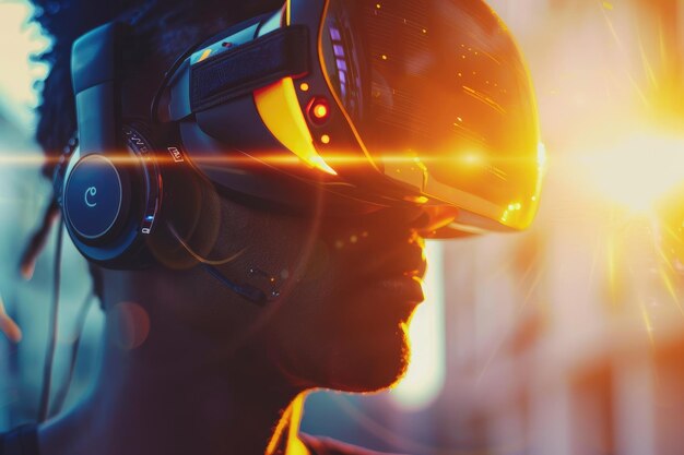 Dark skinned man using VR headset for gaming in cyberspace