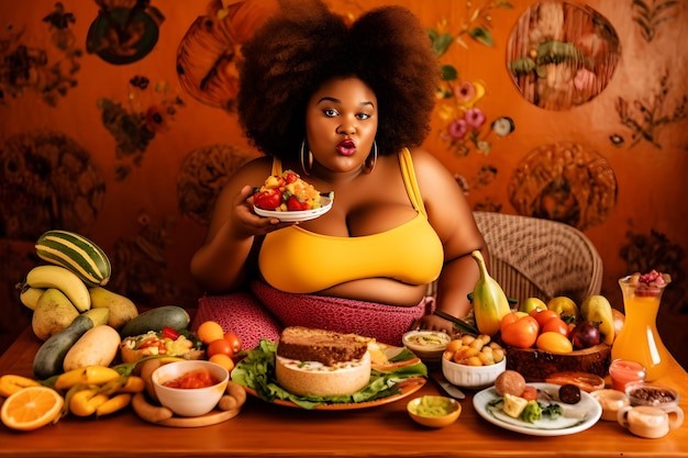 Dark skinned plus size girl and a lot of food neural network ai generated