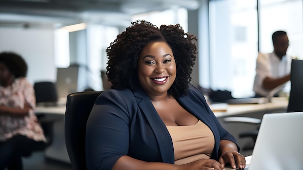 Dark skinned plussize overweight beautiful large female businesswoman using laptop at desk in office