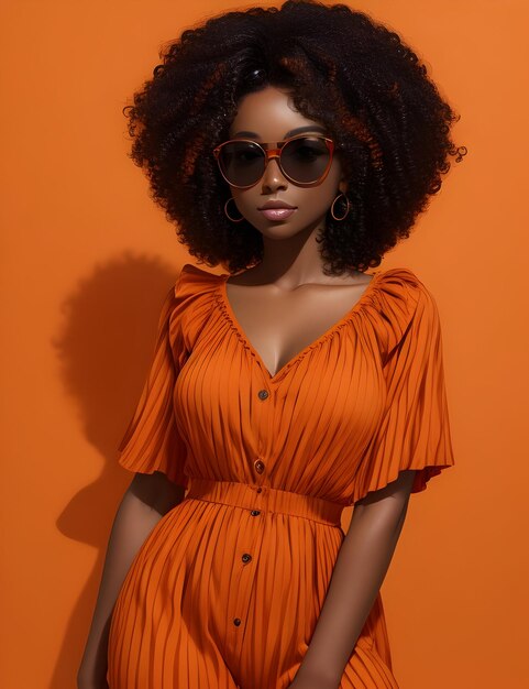 写真 オレンジ色の背景にサングラスをかぶったオレンジのドレスを着たカラフルなの黒い肌の女性