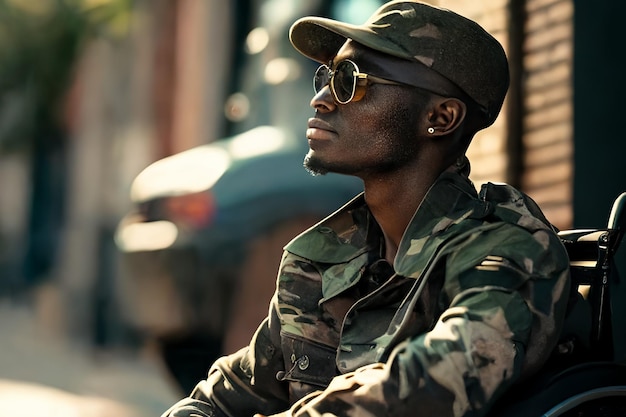 A dark-skinned young military man in a uniform and in a wheelchair