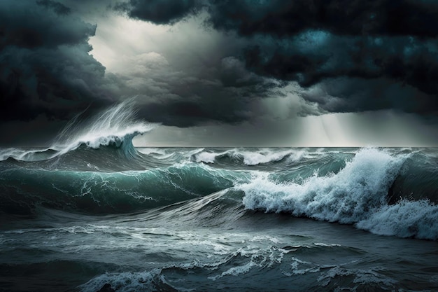 Dark sky during rain and strong wind over sea with waves dramatic thunderstorm generative ai