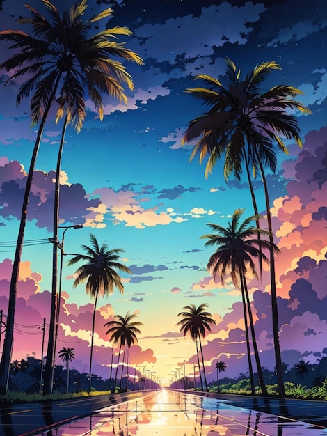 dark sky realistic silhouette palm trees vibrant colors Contrast