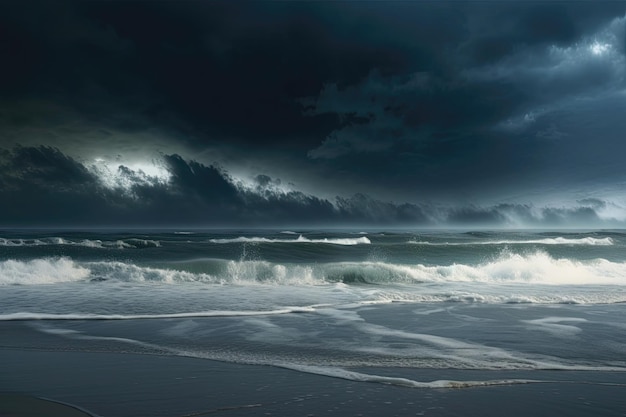 A dark sky with clouds and a large white wave crashing on the shore