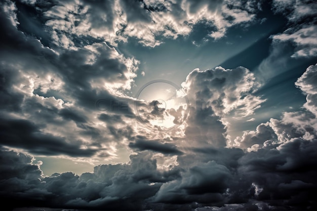 A dark sky with clouds and the sun shining through the clouds.