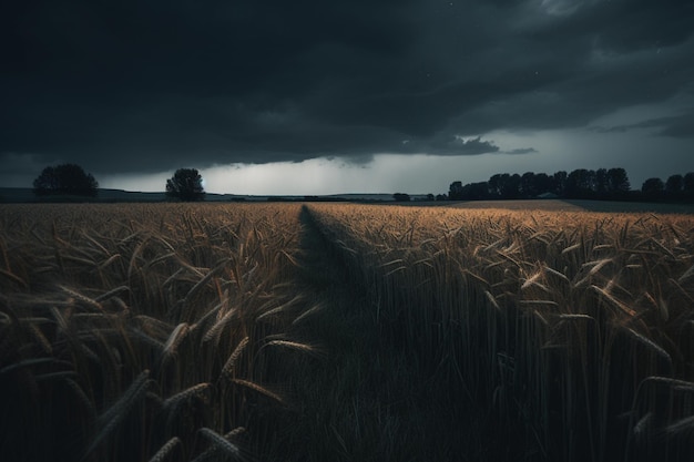 A dark sky with a field of wheat and a dark sky with a storm in the background.