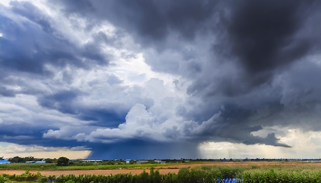 The dark sky with heavy clouds converging and a violent storm before the rain