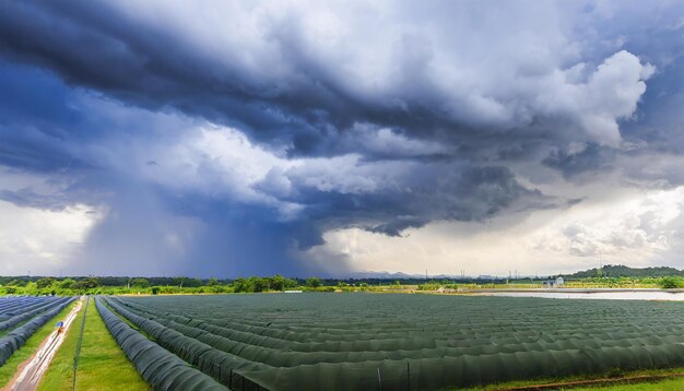 Foto il cielo scuro con nubi pesanti che convergono e una violenta tempesta prima della pioggia