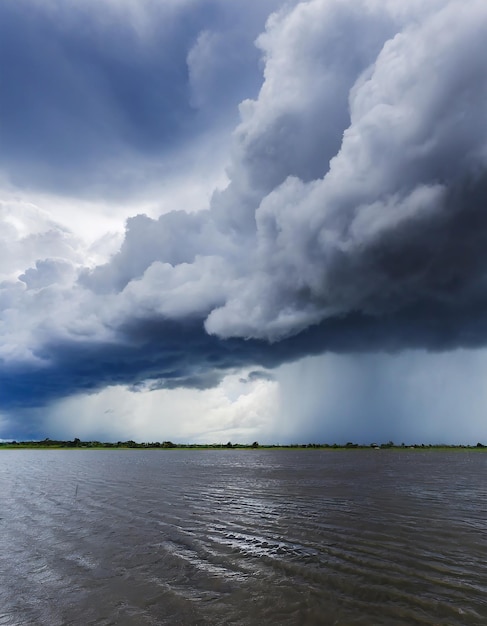 The dark sky with heavy clouds converging and a violent storm before the rain