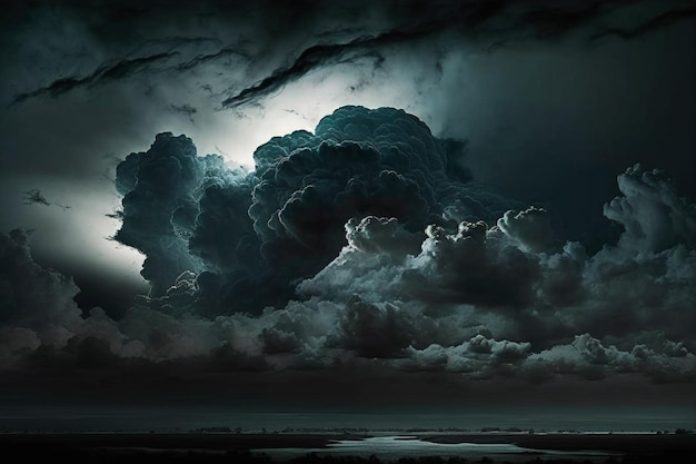 '폭풍우'라고 적힌 커다란 구름이 드리워진 어두운 하늘