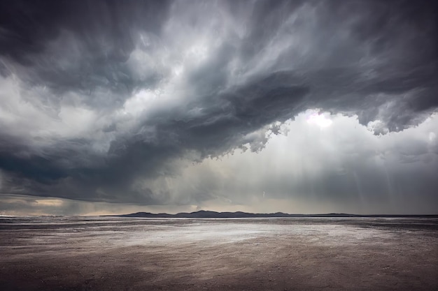 Dark sky with storm clouds in nature cloudscape above field background