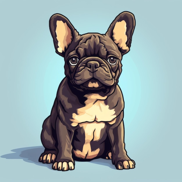 Dark Skyblue And Light Amber French Bulldog Cartoon Illustration