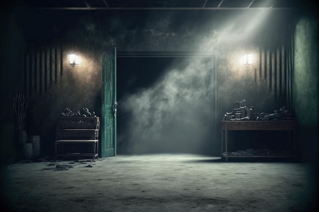 Темная дымная комната с открытой дверью и тусклым светом стола, гранж, темный интерьер