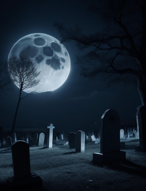 A dark and somber graveyard illuminated by a single beam of moonlight