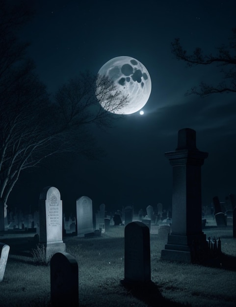 A dark and somber graveyard illuminated by a single beam of moonlight