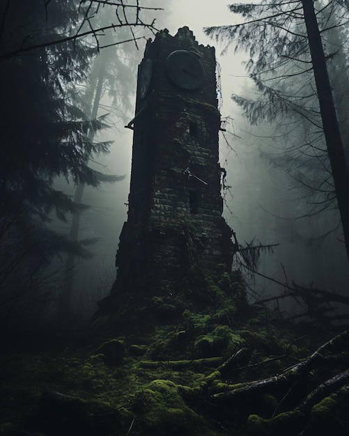 Темный волшебник башня волшебника в мистическом туманном лесу в фантастическом мире