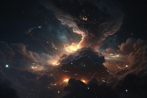 A dark space with a fiery explosion and a cloud of fire and smoke.