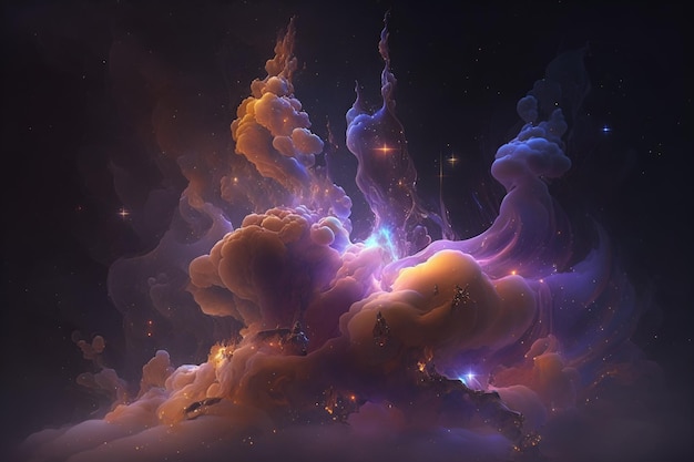 Темное пространство с фиолетово-оранжевым фоном и сине-фиолетовым облаком.