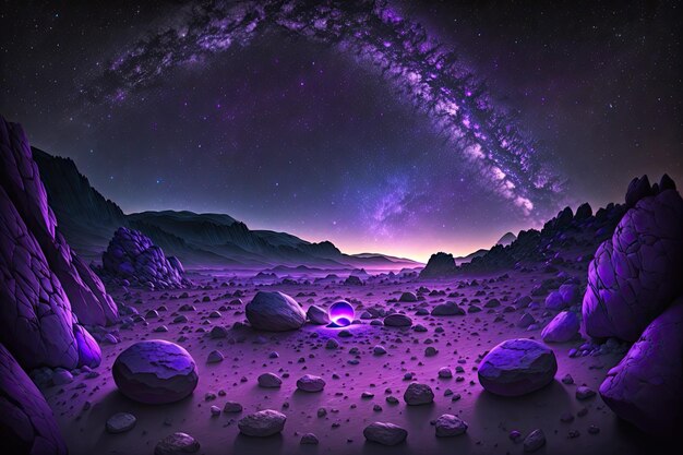 a dark space with stars in the sky and a purple and purple light