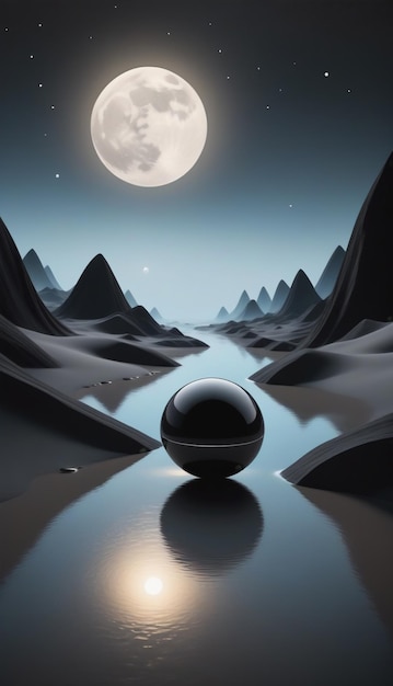 a dark sphere with a reflection of mountains and a moon