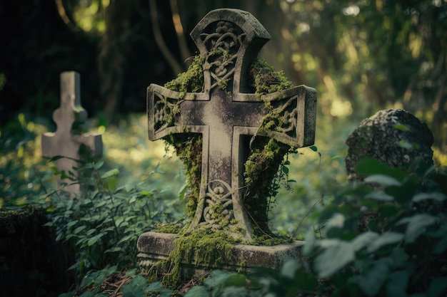 Dark and Spooky Christian Cross in Old Cemetery generative AI