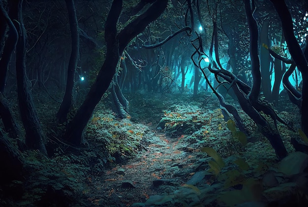 Dark spooky enchanted forest with glowing light on the path background halloween and fairytale concept generative ai