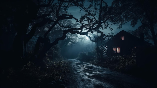 Dark spooky forest with old house and tree. Horror Halloween concept
