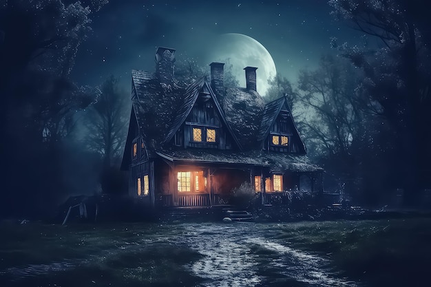 暗い不気味な神秘的なコウモリの城怖い暗いハロウィーンの邸宅 AI