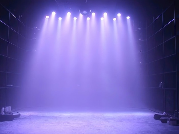 Photo dark stage shows dark blue background an empty dark scene neon light spotlights floor and studio