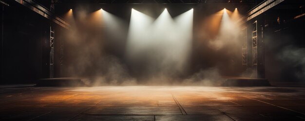 Photo the dark stage shows empty brass bronze copper background neon light spotlights the asphalt floor and studio room with smoke ar 52 v 52 job id e64ca7b3fa0b456bbeb59f63c45bfc06