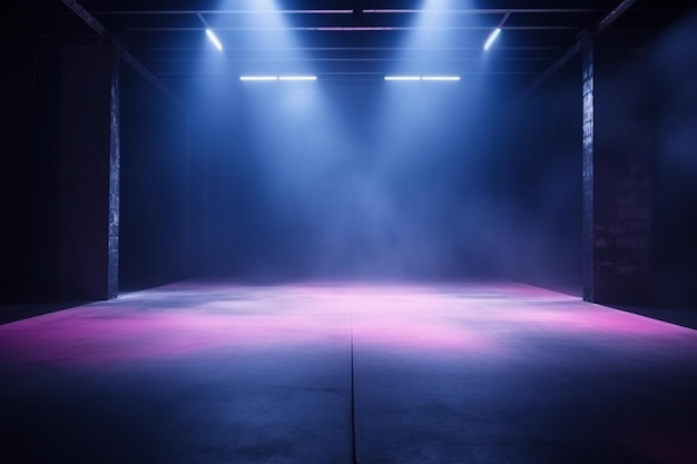 The dark stage shows empty dark blue purple pink background neon light spotlights The asphalt floor