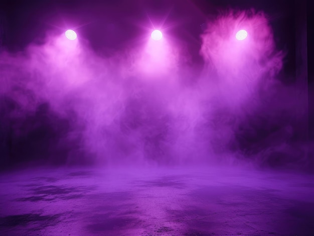 The dark stage shows purple background an empty dark scene neon light spotlights The asphalt floor and studio room with smoke float up the interior texture for display products