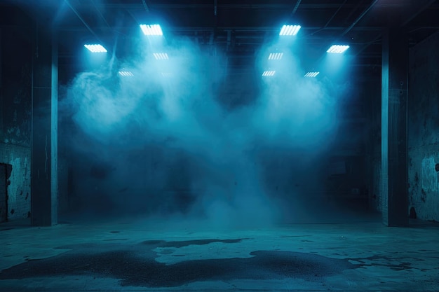 Dark stage with neon lights smoke and studio room texture