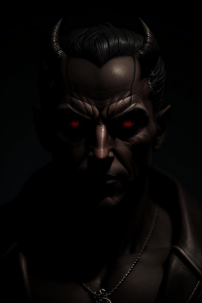 A dark statue of a man with red eyes and a black shirt.