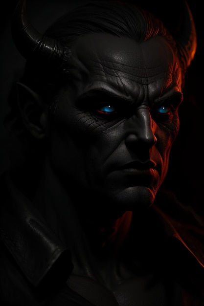 A dark statue of a vampire with blue eyes.