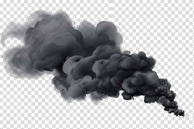 Dark steam smoky mist from fire explosion burning carbon or coal Modern illustration on transparent background Black fume texture