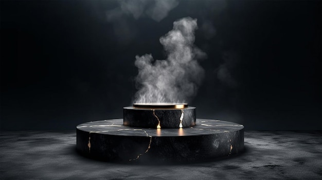 Dark stone podium for display product presentation with smoke 3d pedestal design illustration Generative Ai