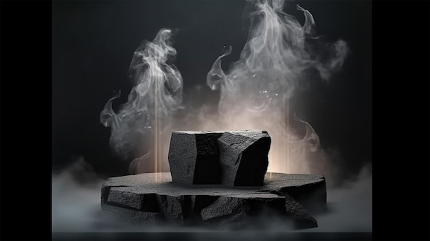 Dark stone podium for display product presentation with smoke 3d pedestal design illustration Generative Ai